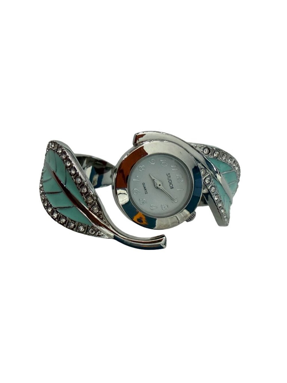 Studio STD3938T Aqua Enamel Leaf Rhinestone Silver Tone Bangle Watch